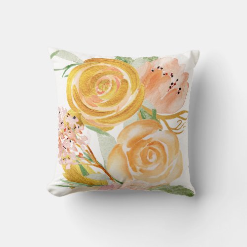 Peach gold and blush watercolor peony roses throw pillow