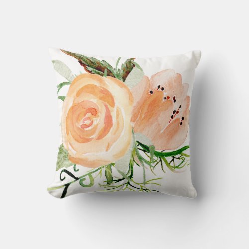 Peach gold and blush watercolor peony roses throw pillow