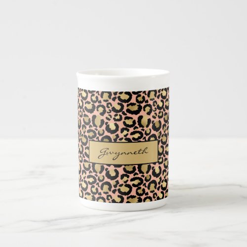 Peach Gold Black Leopard Print with Your Name Bone China Mug