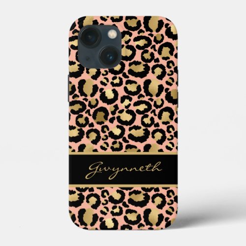 Peach Gold Black Leopard Print with Your Name iPhone 13 Mini Case