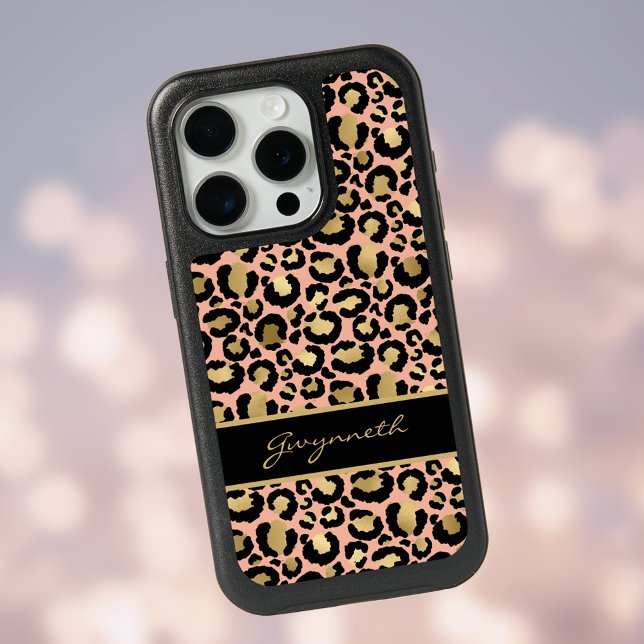 Peach Gold Black Leopard Print with Your Name iPhone 15 Pro Case (Creator Uploaded)