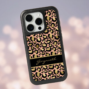Peach Gold Black Leopard Print with Your Name iPhone 15 Pro Case