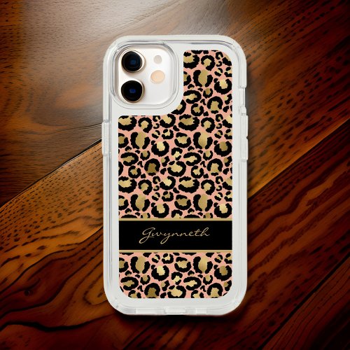 Peach Gold Black Leopard Print with Your Name iPhone 15 Case