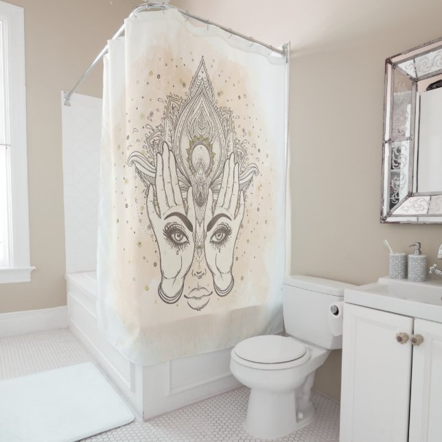 Peach & Gold Boho Lotus Flower Beauty Shower Curtain (In Situ)