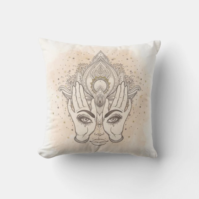 Peach & Gold Boho Lotus Flower Beauty Throw Pillow (Front)