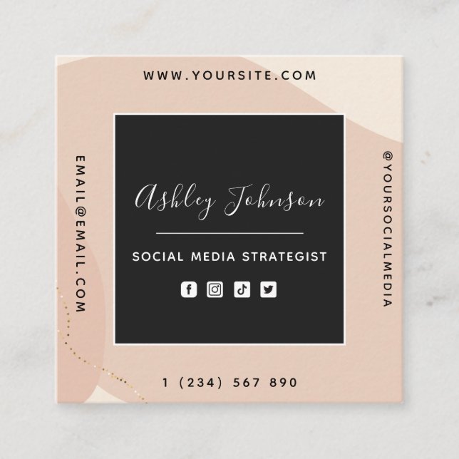 Peach Gold Boho Social Media QR Code Neutral Cream Square Business Card (Front)