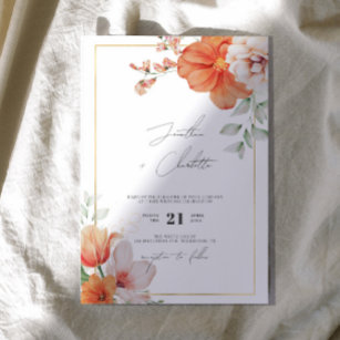Peach & Gold Border Floral Wedding Invitation