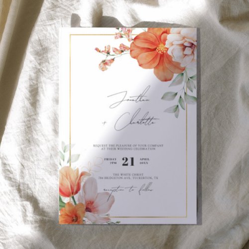Peach  Gold Border Floral Wedding Invitation
