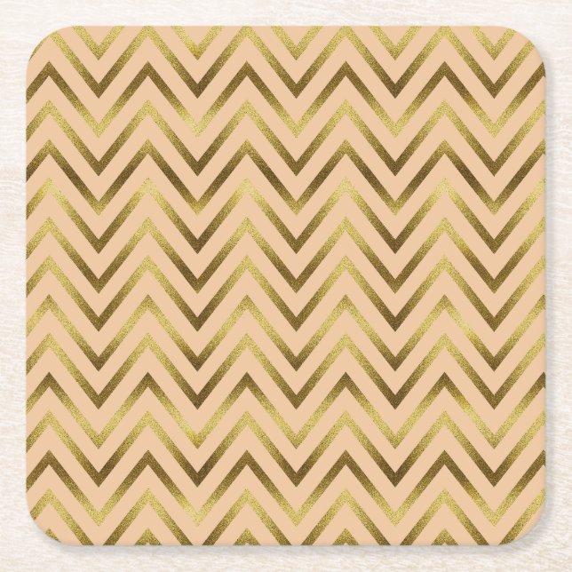 Peach & Gold Chevron Stripe Square Paper Coaster (Front)