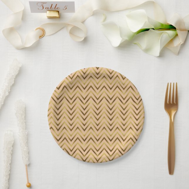 Peach & Gold Chevron Stripes Paper Plates (Wedding)