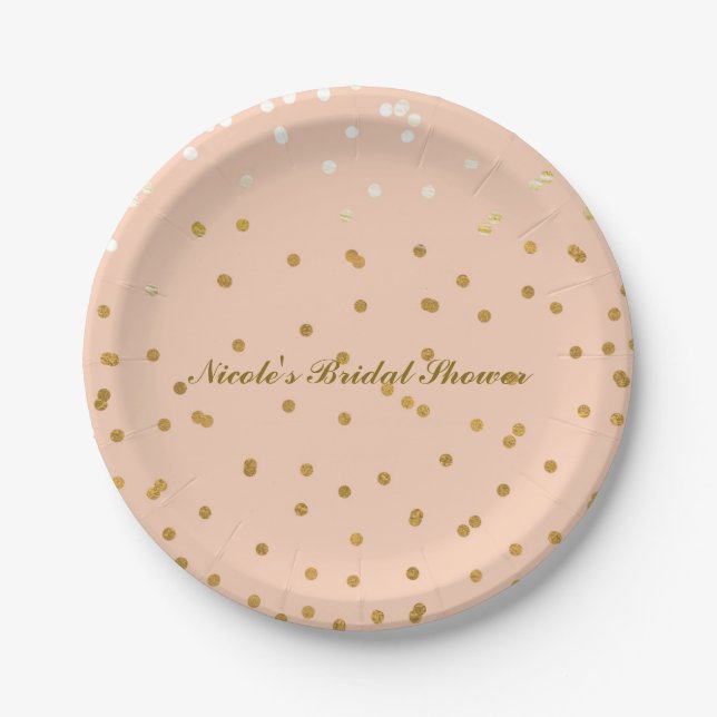 Peach & Gold Confetti Dots Modern Bridal Shower Paper Plates (Front)