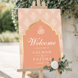 Peach Gold Damask Muslim Wedding Welcome Sign