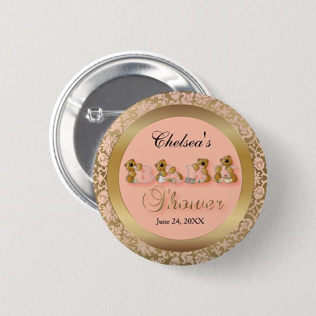 Peach & Gold Damask with Teddy Bears | Baby Shower Button (Front & Back)