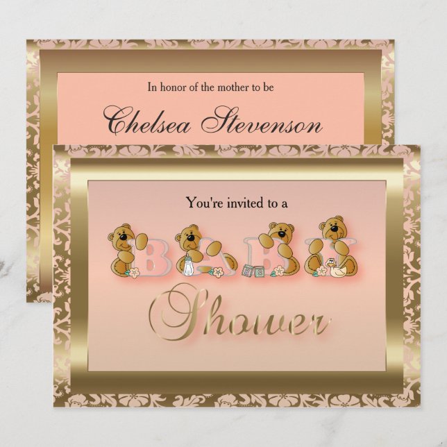 Peach & Gold Damask with Teddy Bears | Baby Shower Invitation (Front/Back)