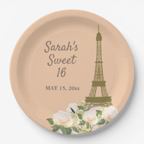 Peach Gold Eiffel Tower White Floral Sweet 16 Name Paper Plates