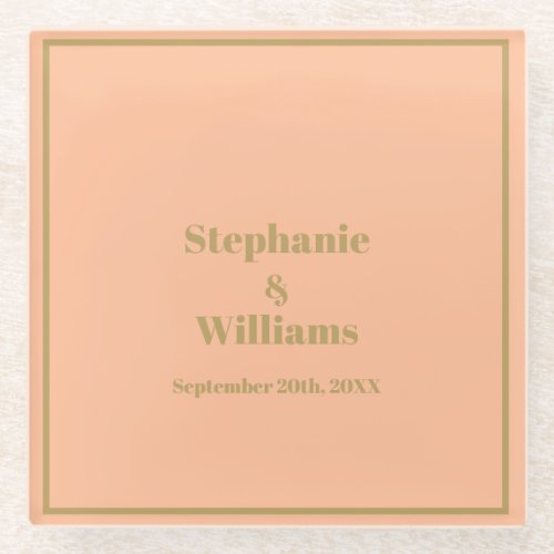 Peach Gold Elegant Simple Name Wedding Decor Glass Coaster