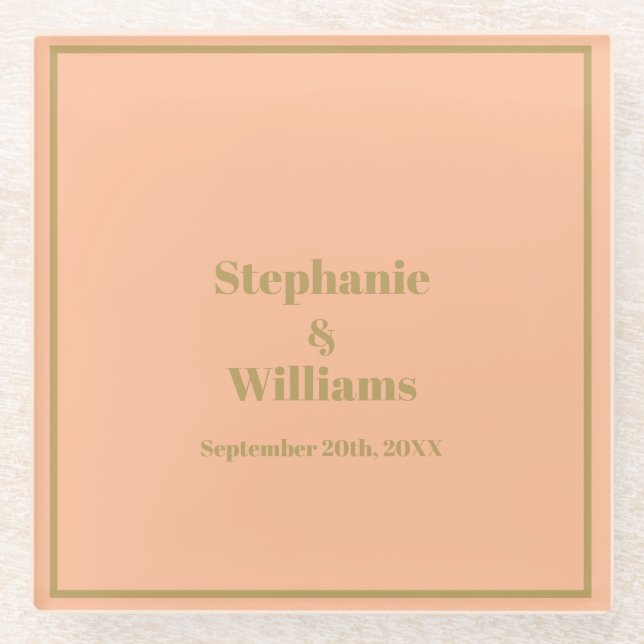 Peach Gold Elegant Simple Name Wedding Decor Glass Coaster (Front)