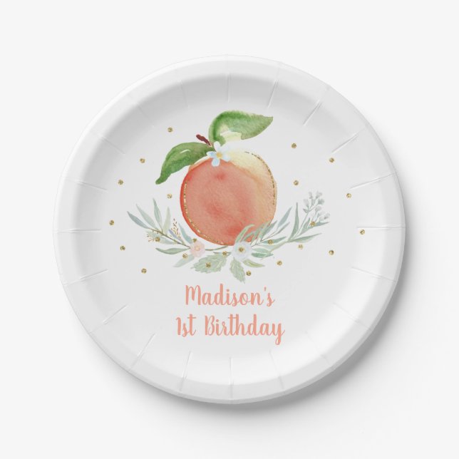 Peach Gold Floral Birthday Paper Plates (Front)