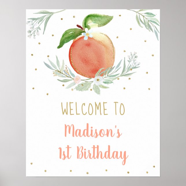Peach Gold Floral Birthday Welcome Poster (Front)