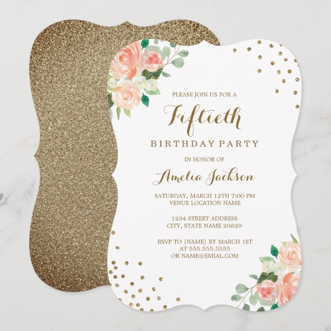 Peach Gold Floral Confetti 50th Birthday Party Invitation (Front/Back)