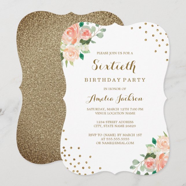 Peach Gold Floral Confetti 60th Birthday Party Invitation (Front/Back)