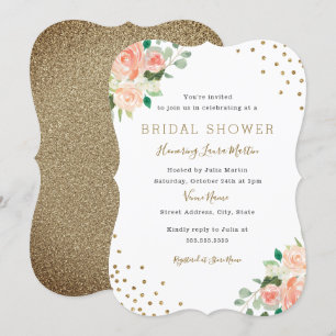 Peach Gold Floral Confetti Bridal Shower Invite