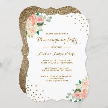Peach Gold Floral Confetti Housewarming Party Invitation by LittleBayleigh at Zazzle