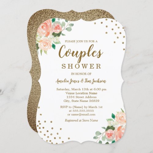 Peach Gold Floral Confetti Wedding Couples Shower Invitation