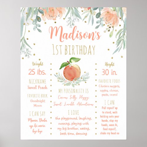 Peach Gold Floral First Birthday Milestone Poster