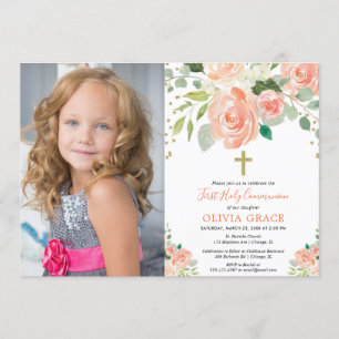 Peach gold floral first holy communion girl photo invitation