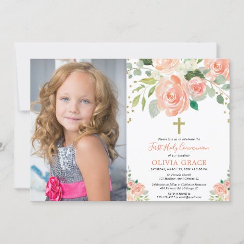 Peach gold floral first holy communion girl photo invitation