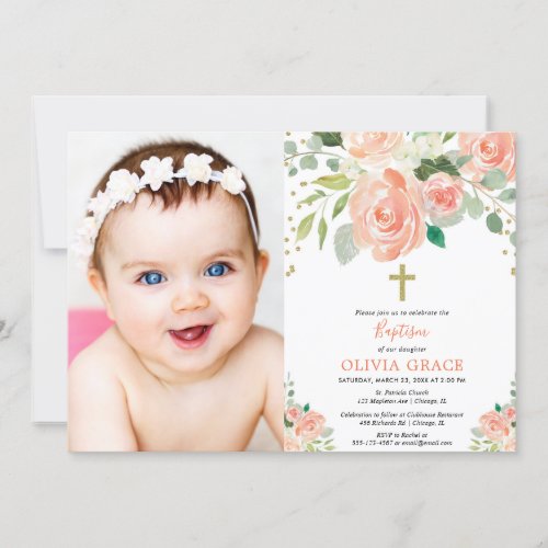 Peach gold floral watercolors baptism girl photo invitation