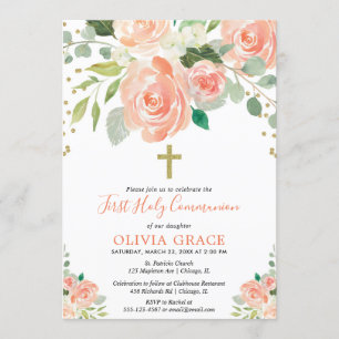 Peach gold floral watercolors first holy communion invitation
