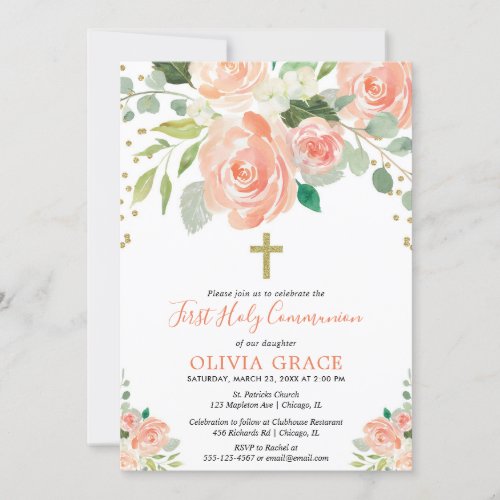 Peach gold floral watercolors first holy communion invitation