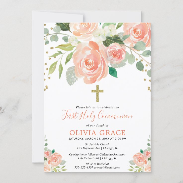 Peach gold floral watercolors first holy communion invitation | Zazzle