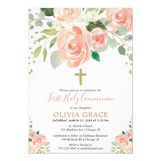 Peach gold floral watercolors first holy communion invitation | Zazzle.com