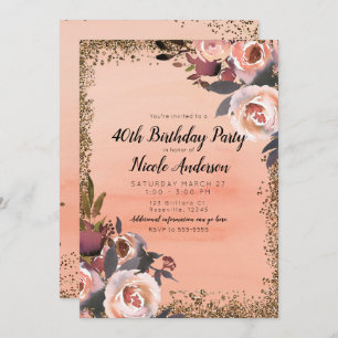 Peach & Gold Glitter Floral Modern Birthday Party Invitation