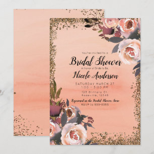 Peach & Gold Glitter Floral Modern Bridal Shower Invitation