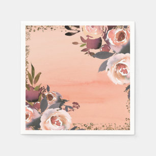 Peach & Gold Glitter Floral Modern Bridal Shower Paper Napkins