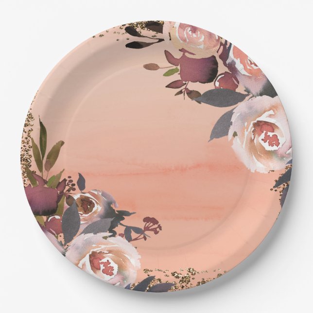 Peach & Gold Glitter Floral Modern Bridal Shower Paper Plates (Front)