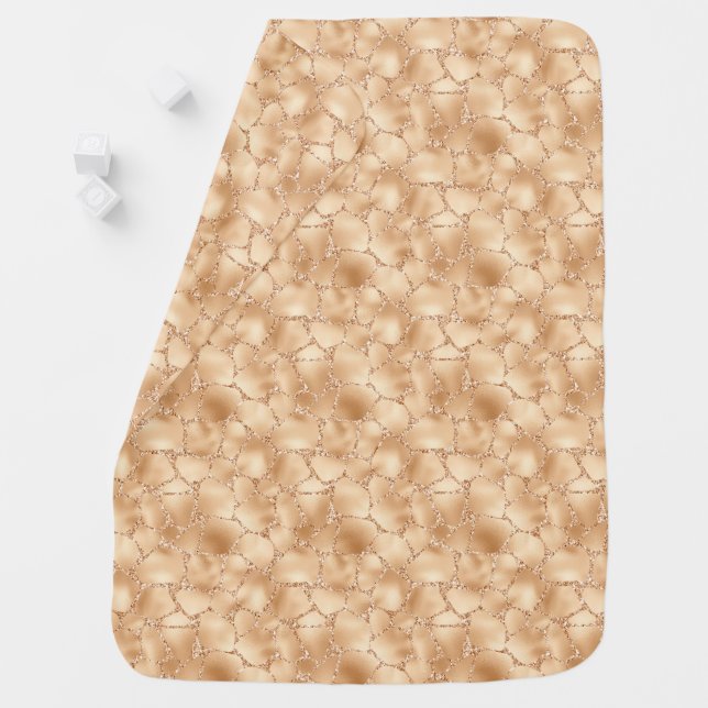Peach Gold Glitter Glam Sparkle Giraffe Print Baby Blanket (In Situ)