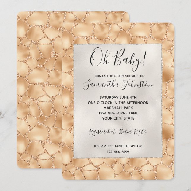 Peach Gold Glitter Glam Sparkle Giraffe Print Invitation (Front/Back)