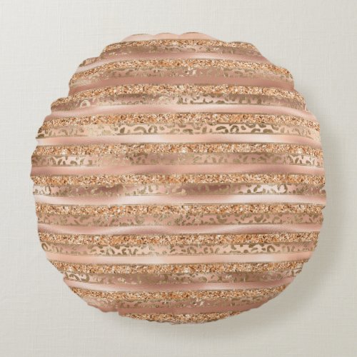 Peach Gold Glitter Leopard Print Stripes Round Pillow