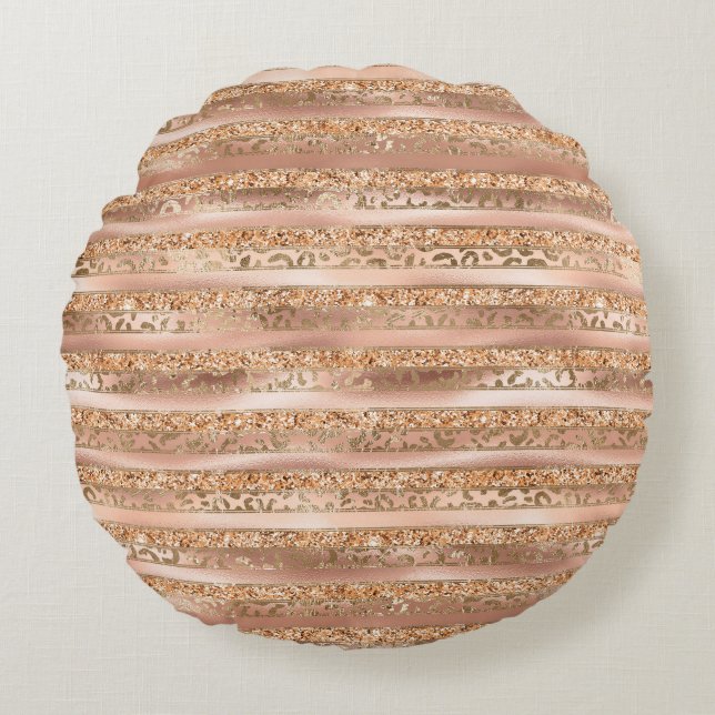 Peach Gold Glitter Leopard Print Stripes Round Pillow (Front)