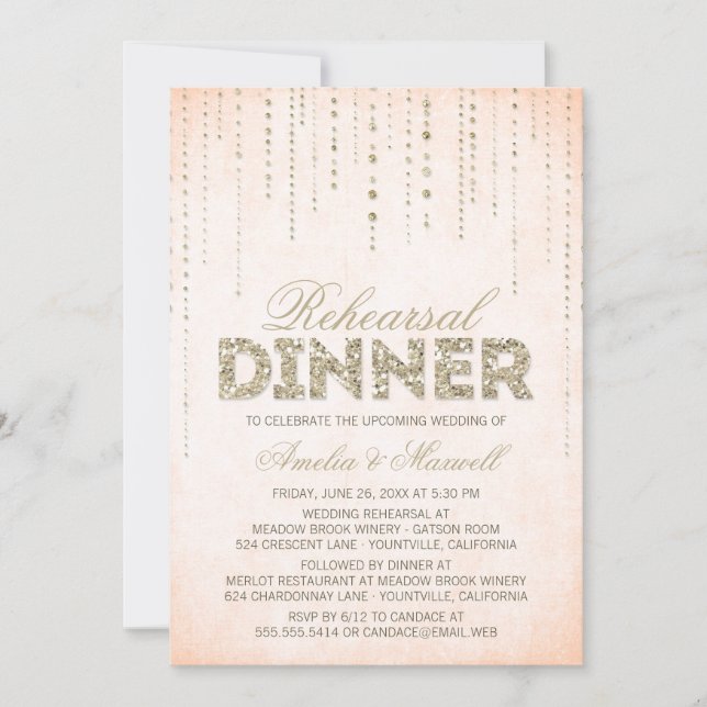 Peach & Gold Glitter Look Rehearsal Dinner Invite (Front)