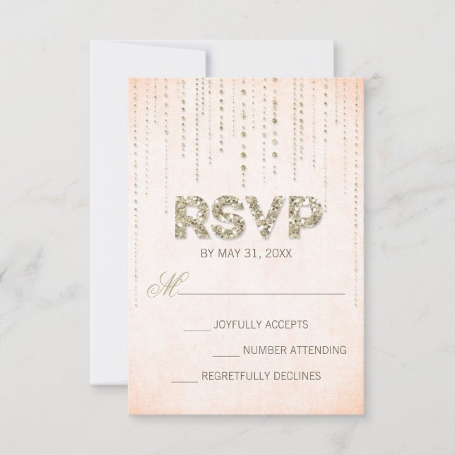 Peach & Gold Glitter Look Wedding RSVP Card (Front)