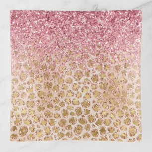 Peach Gold Glitz Leopard Print Pink Glitter Trinket Tray