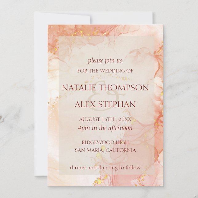 Peach Gold Marble Effect Monogram Elegant Wedding Invitation (Front)