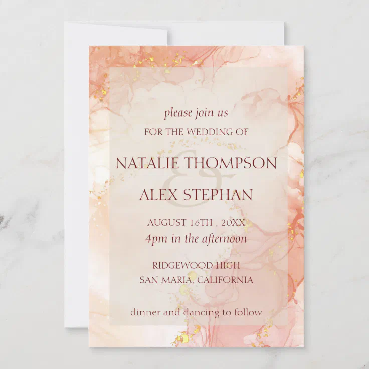 Peach Gold Marble Effect Monogram Elegant Wedding Invitation | Zazzle