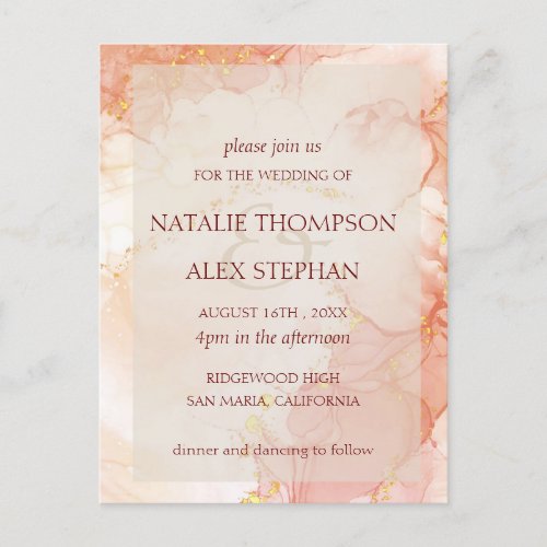 Peach Gold Marble Effect Monogram Elegant Wedding  Postcard